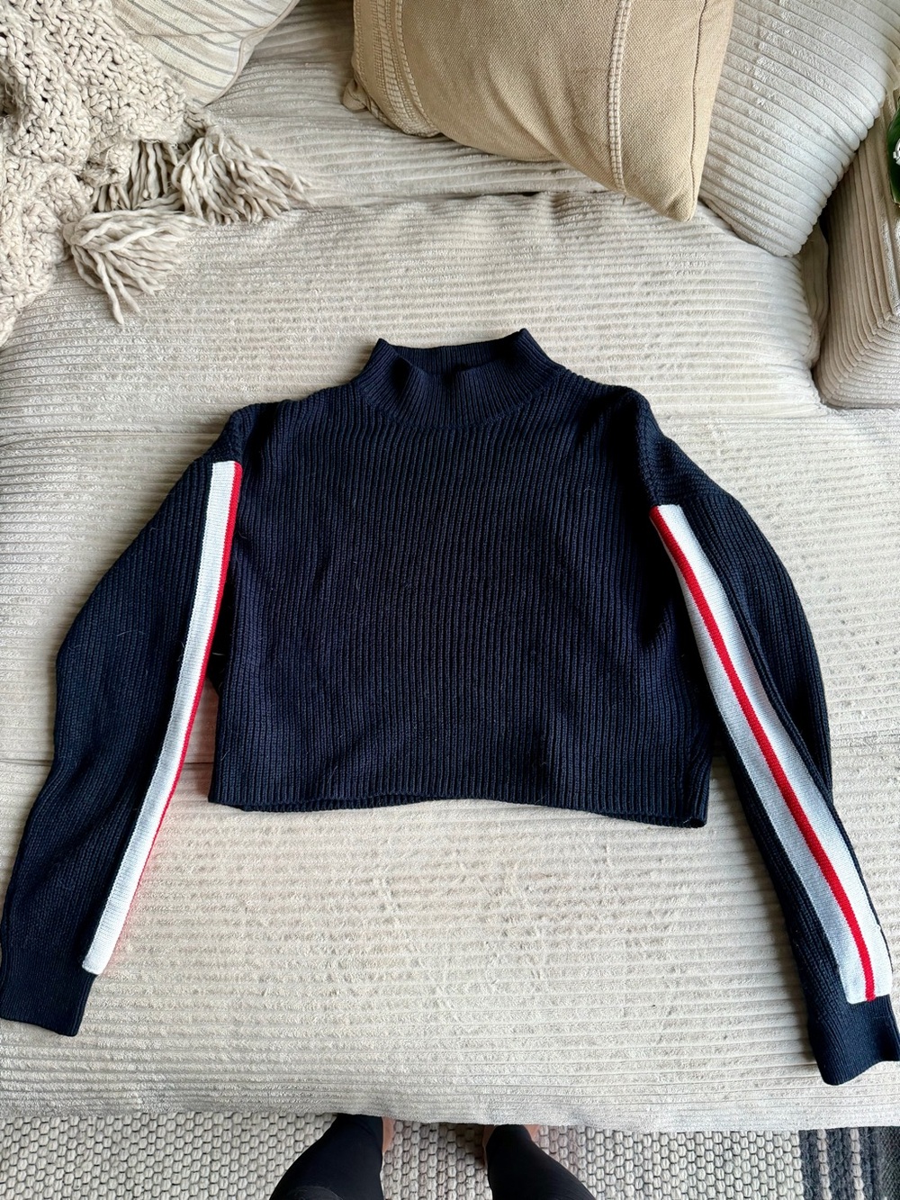 Cropped Navy-Blue Mock-Neck Sweater with Red & White Sleeve Stripes